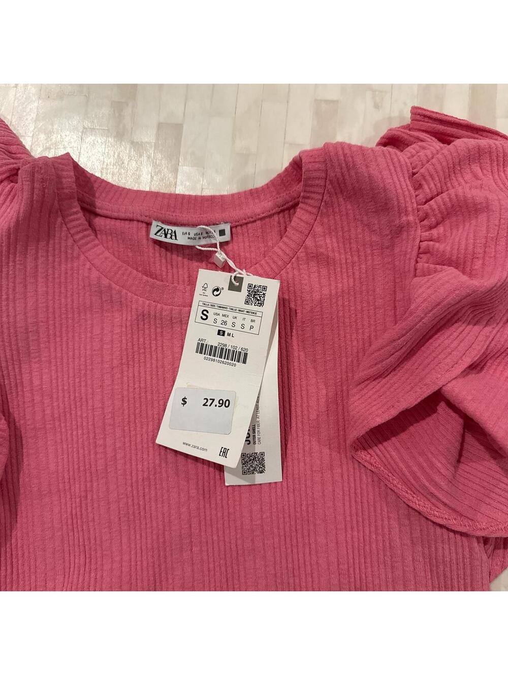 Zara Pink Ruffle Sleeve Ribbed Top Size S - Picture 3 of 3